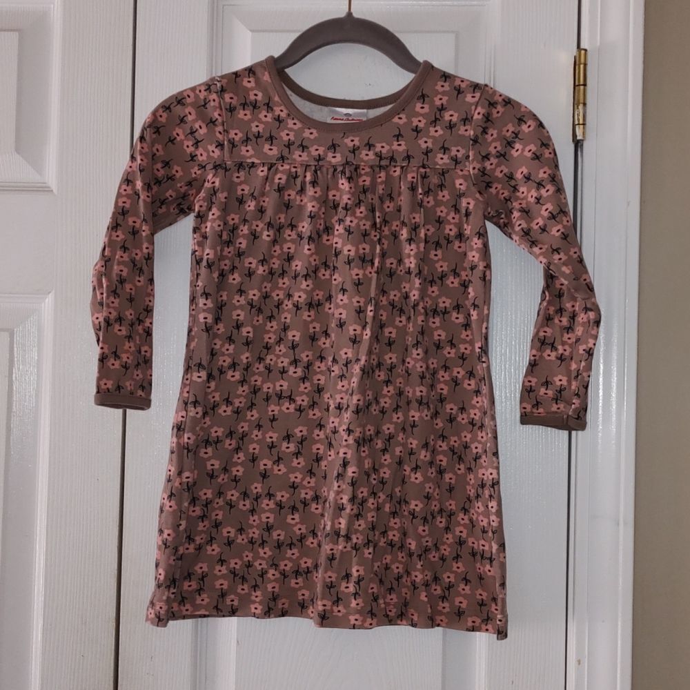 Hanna Andersson  tan  and pink floral dress Sz 5 (110)